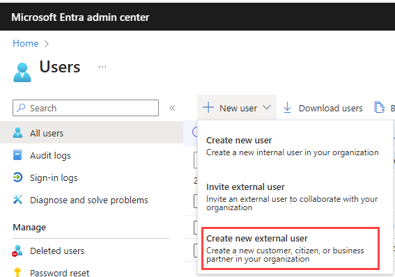 Capture d’écran du menu Créer un utilisateur externe dans Microsoft Entra ID.