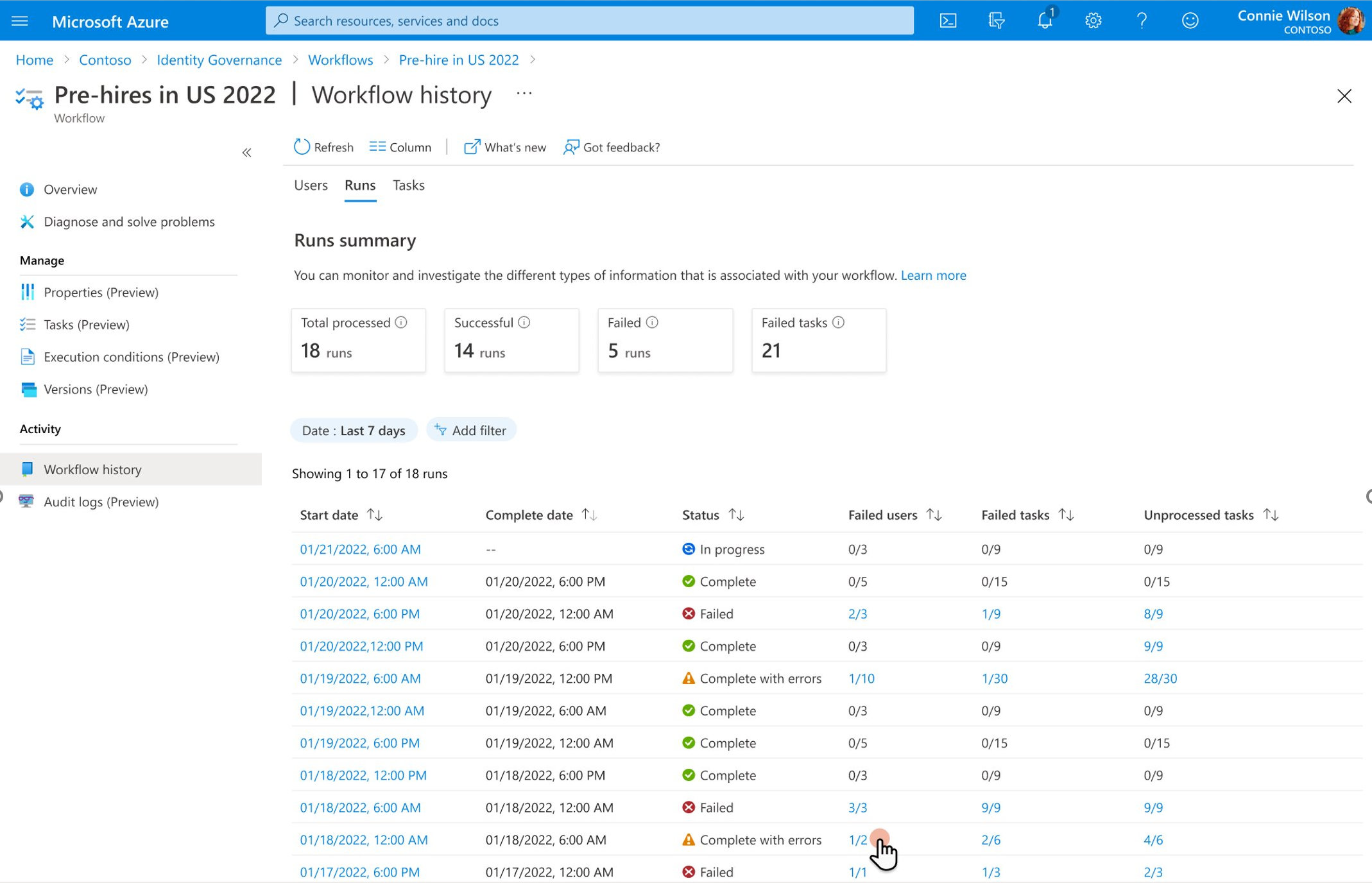 Capture d’écran de la liste des exécutions d’un workflow.