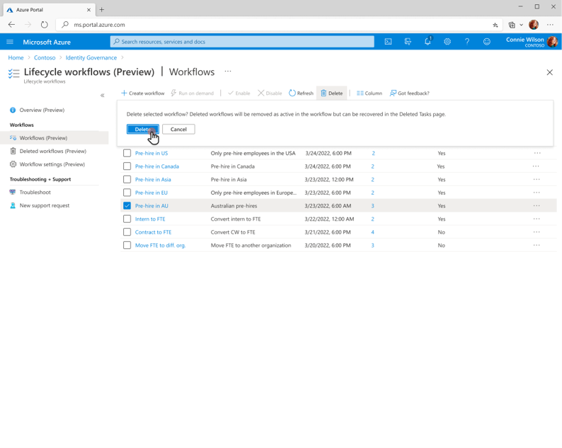 Capture d’écran montrant la confirmation de la suppression d’un workflow.