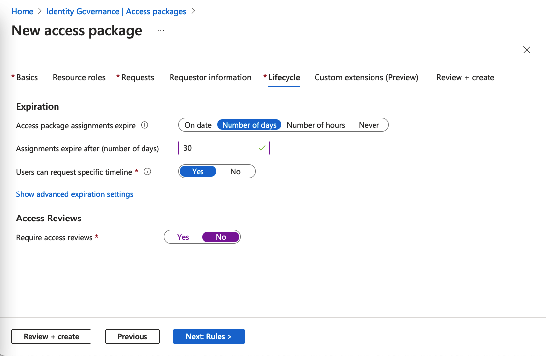 Capture d’écran de l’onglet Cycle de vie du package d’accès