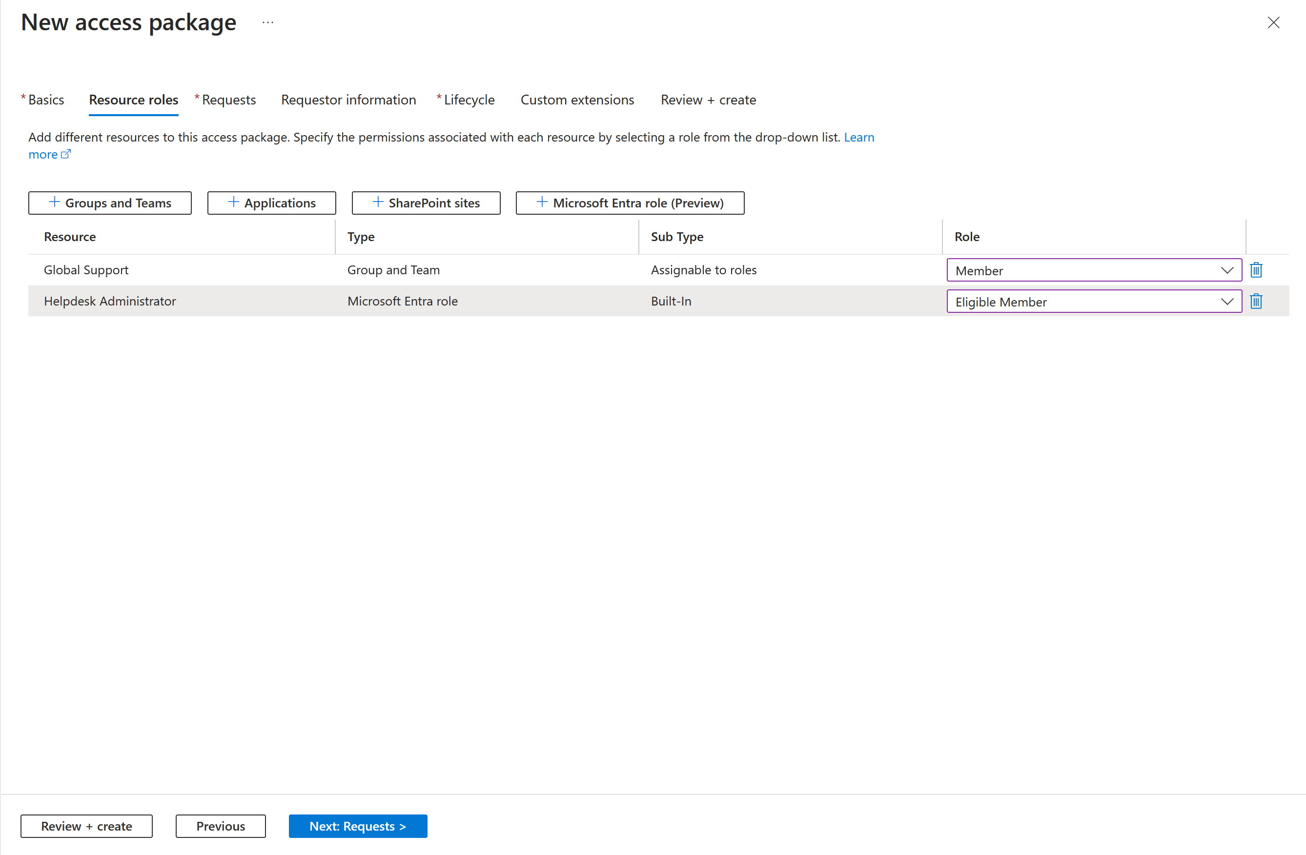 Capture d’écran de l’ajout d’un rôle de ressource à un nouveau package d’accès.