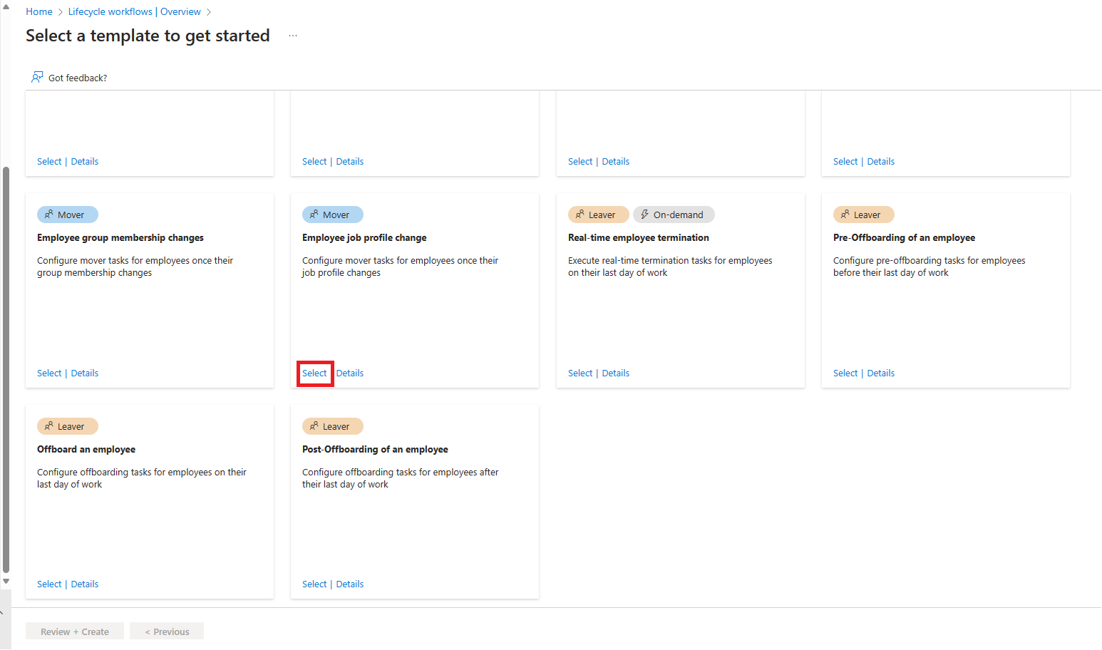 Capture d’écran de la sélection du modèle de changement de profil de poste de l’employé.