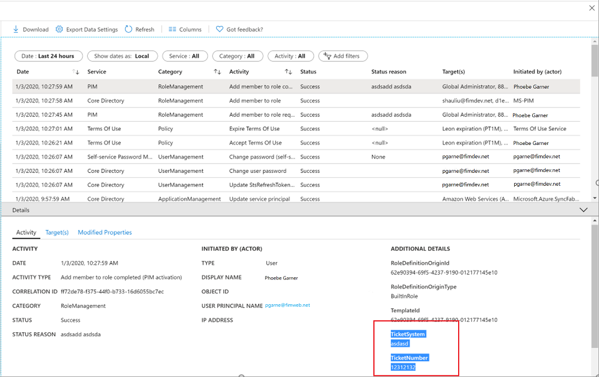 Capture d’écran illustrant le numéro de ticket pour l’événement d’audit.