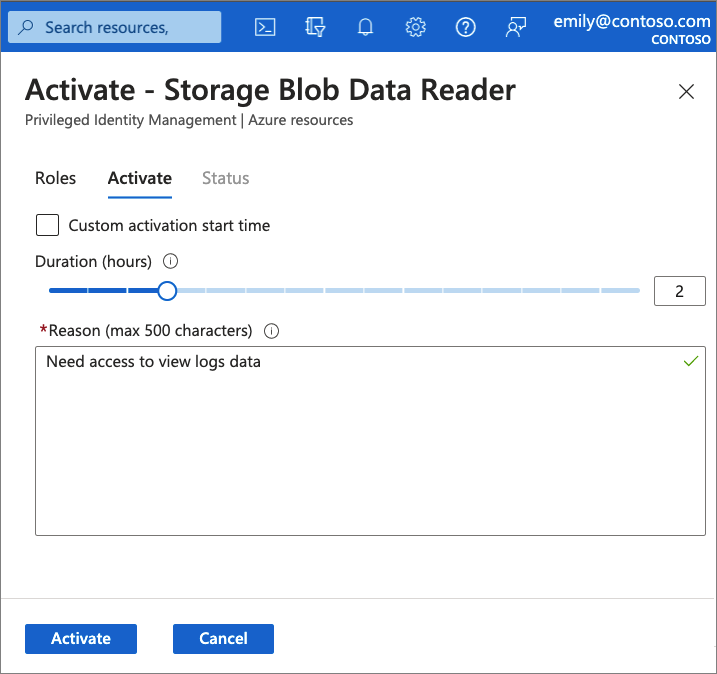 Capture d’écran de l’activation de rôle Privileged Identity Management.