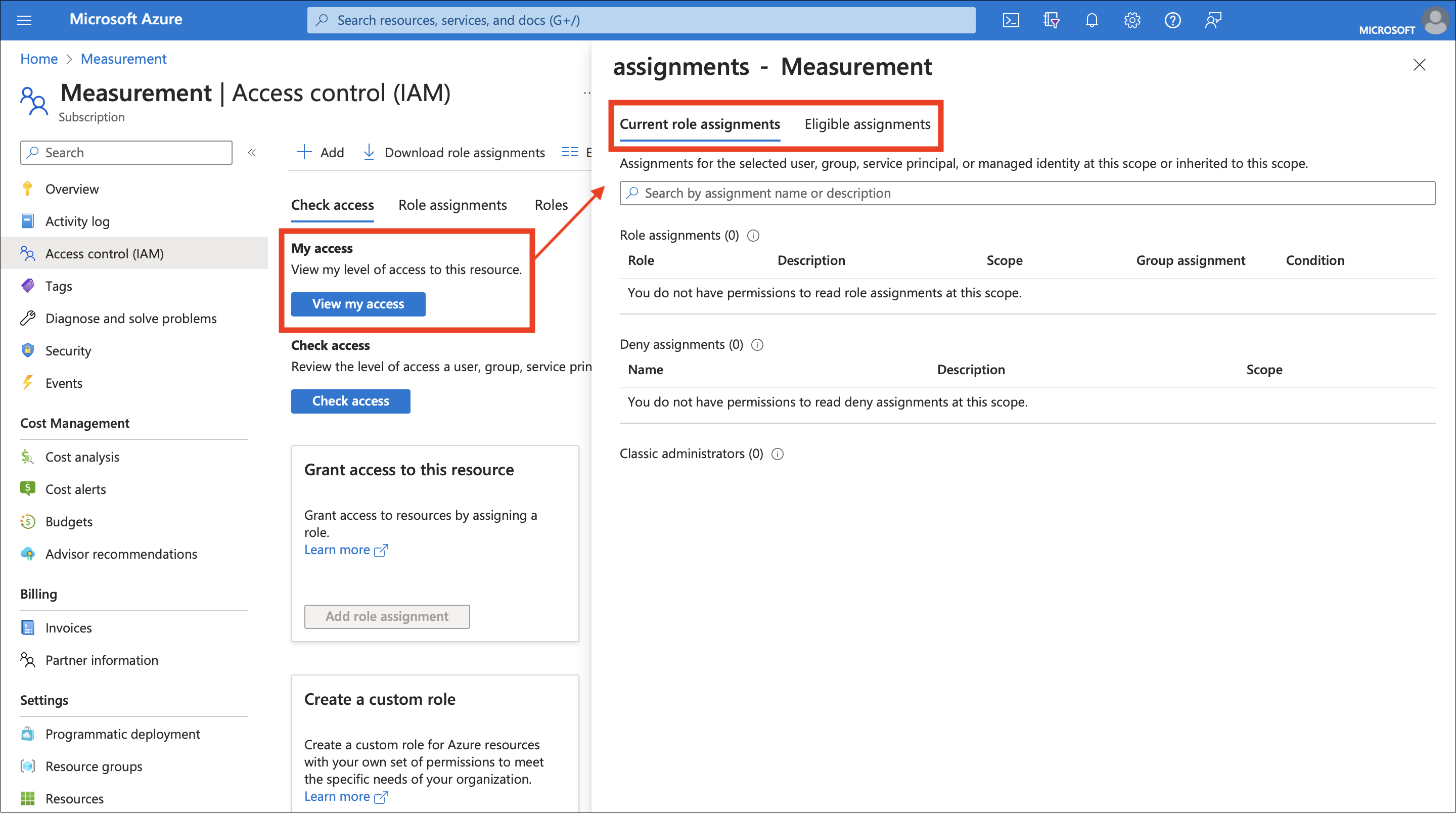 Capture d’écran des attributions de rôles actuelles sur la page Mesure.