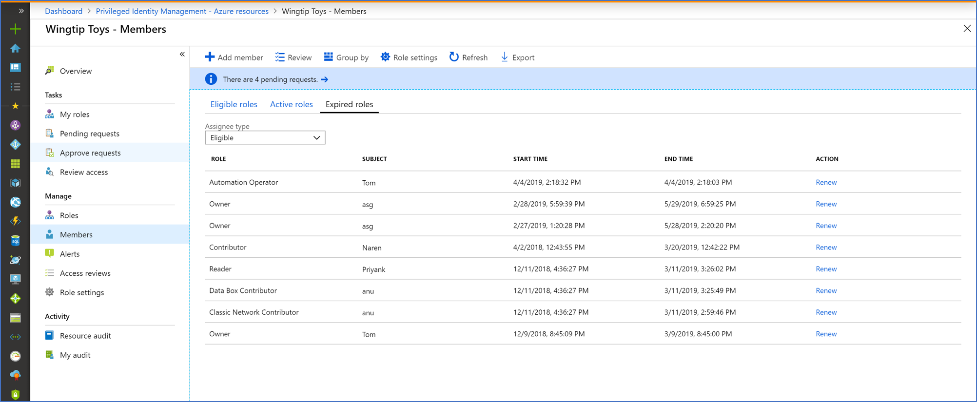 Capture d’écran de ressources Azure : page Membres répertoriant les rôles expirés avec des liens de renouvellement.