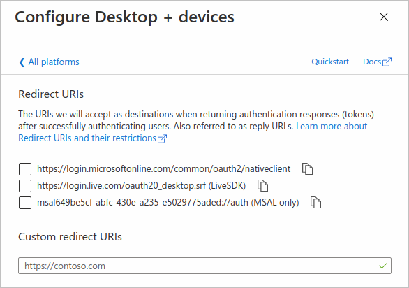 Capture d’écran montrant le volet URI de redirection et les options de la page Inscriptions d’applications.