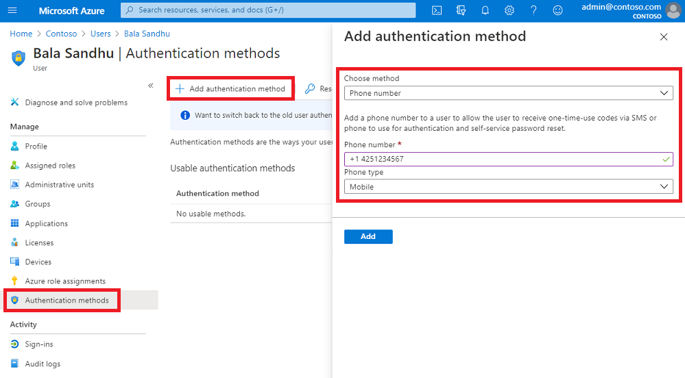 Définir le numéro de téléphone d’un utilisateur dans le centre d’administration Microsoft Entra pour l’utiliser avec l’authentification par SMS