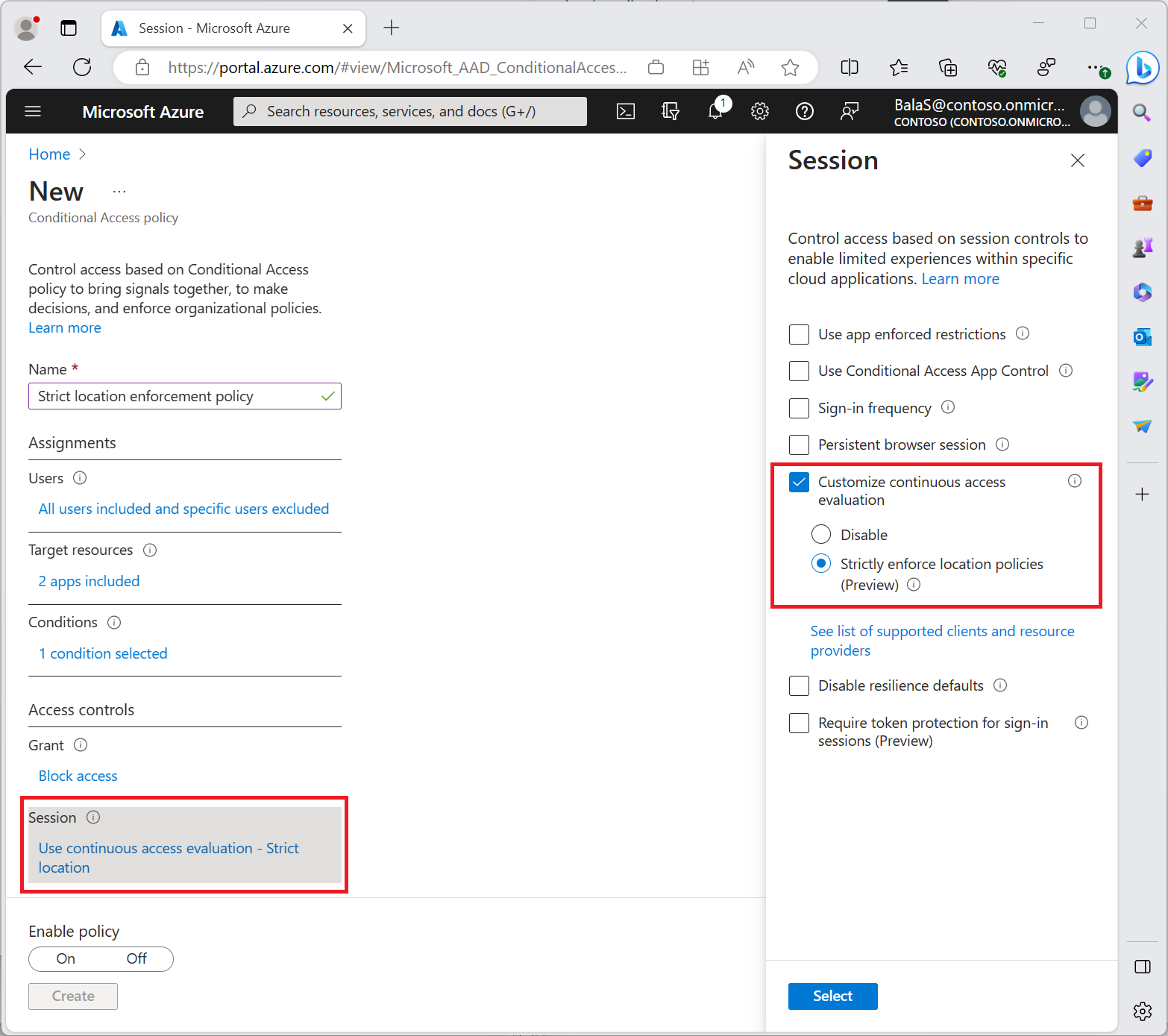 Capture d'écran montrant une stratégie d'accès conditionnel avec l'option « Strictement appliquer les stratégies d’emplacement » activée.