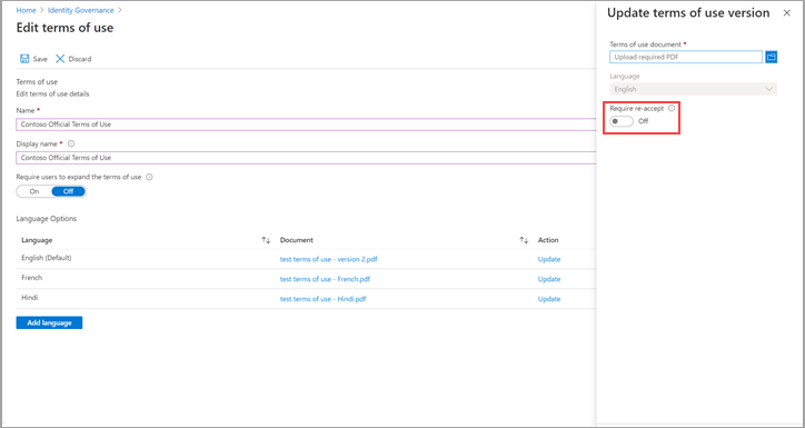 Capture d’écran montrant le volet Modifier les conditions d’utilisation avec l’option de réacceptation mise en évidence.