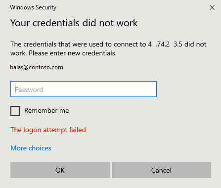 Capture d’écran du message qui indique que vos informations d’identification n’ont pas fonctionné.
