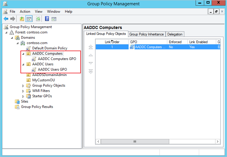 Objets de stratégie de groupe intégrés appliqués aux conteneurs « Ordinateurs AADDC » et « Utilisateurs AADDC » par défaut