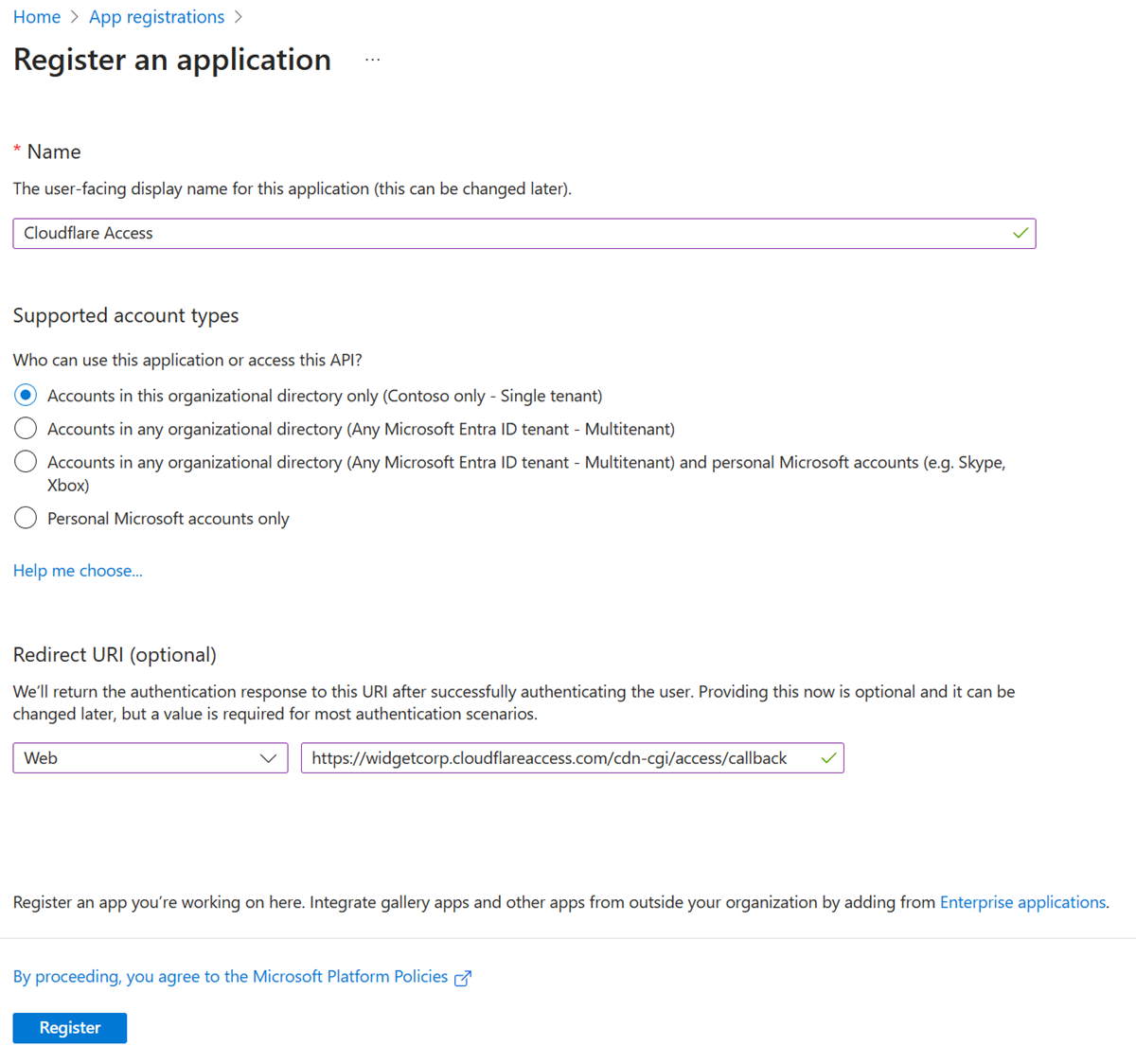 Capture d’écran des options et des sélections pour Inscrire une application.