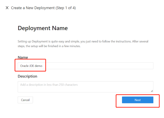 Capture d’écran du champ Name et du bouton Next sous Deployment Name.