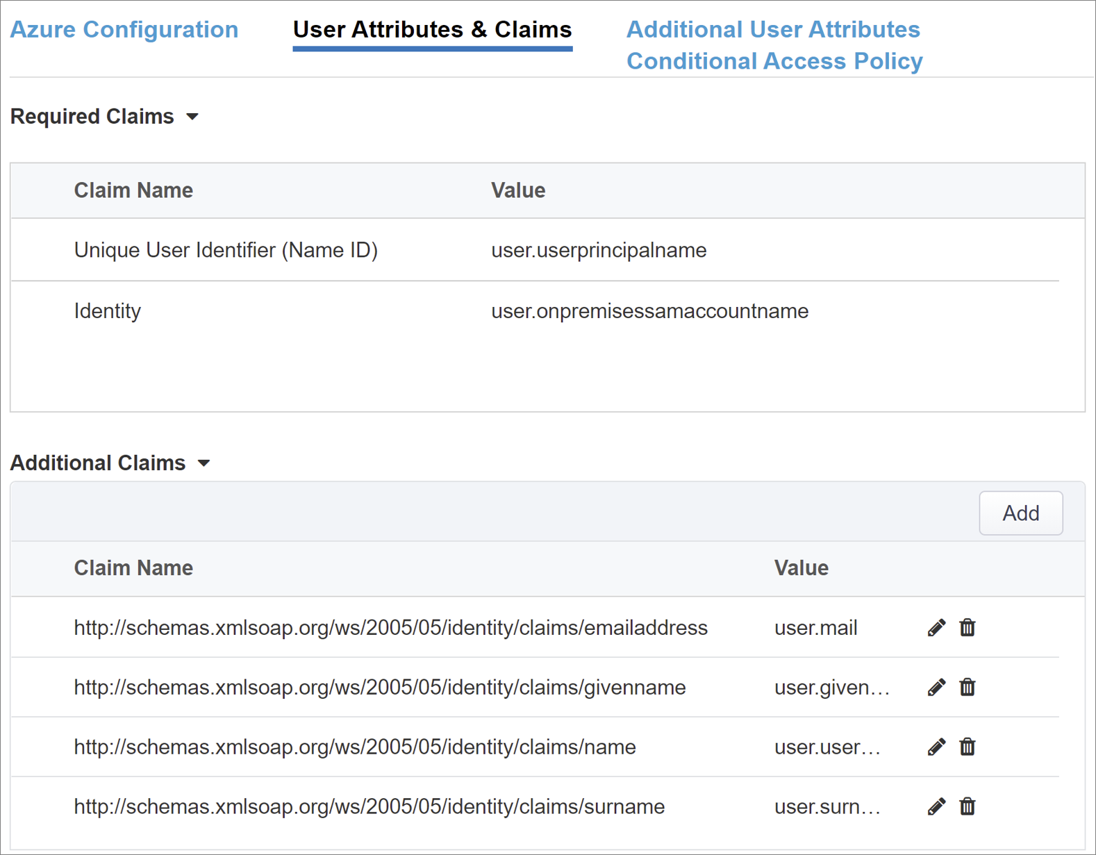 Capture d’écran des options et des entrées pour l’onglet User Attributes and Claims.