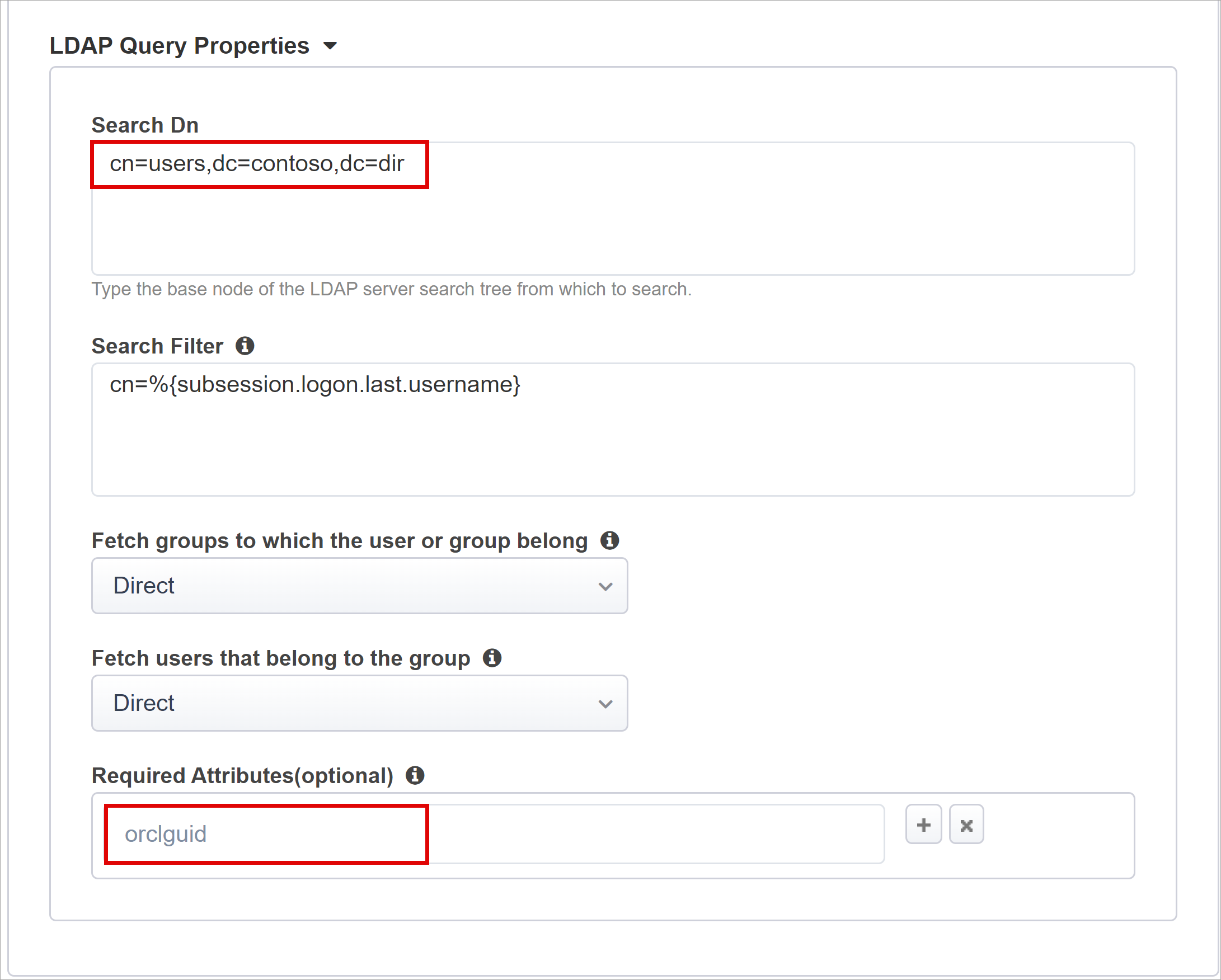 Capture d’écran des entrées et des options dans la section LDAP Query Properties.