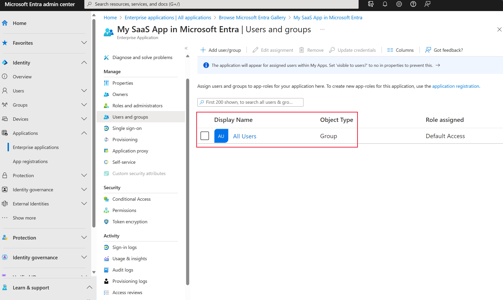 Capture d’écran montrant Mes applications SaaS dans Microsoft Entra ID.