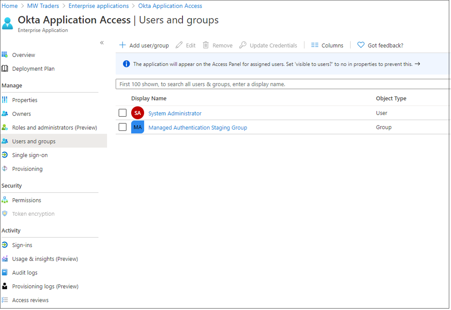 Capture d’écran de la page Utilisateurs et groupes du Centre d’administration Microsoft Entra. Un groupe appelé Groupe intermédiaire d’authentification managée s’affiche.