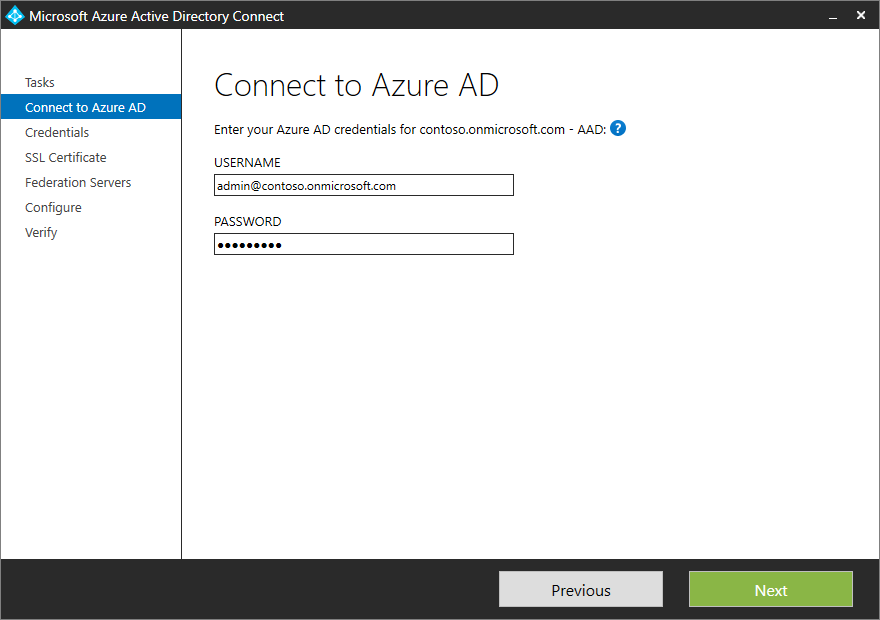 Capture d’écran montrant la page « Se connecter à Microsoft Entra ID » avec des exemples d’informations d’identification entrées.