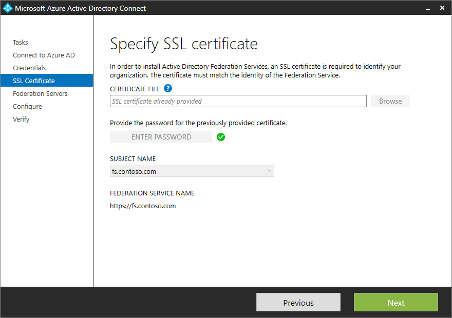 Capture d’écran montrant la page « Spécifier le certificat SSL » après l’entrée d’un mot de passe pour le fichier PFX.