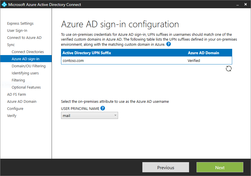 Capture d’écran de la page « Configuration de connexion Microsoft Entra » pour choisir un attribut différent pour l’UPN.