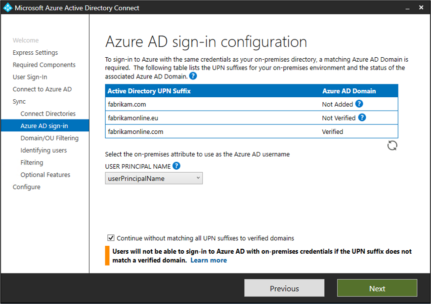 Capture d’écran montrant les domaines non vérifiés dans la page « Configuration de connexion Microsoft Entra ».