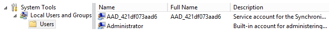 Capture d’écran montrant le compte d’utilisateur du service de synchronisation dans Windows Server.