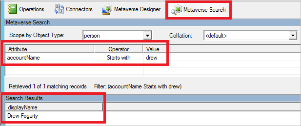 Capture d’écran de Synchronization Service Manager, avec l’onglet Recherche métaverse sélectionné