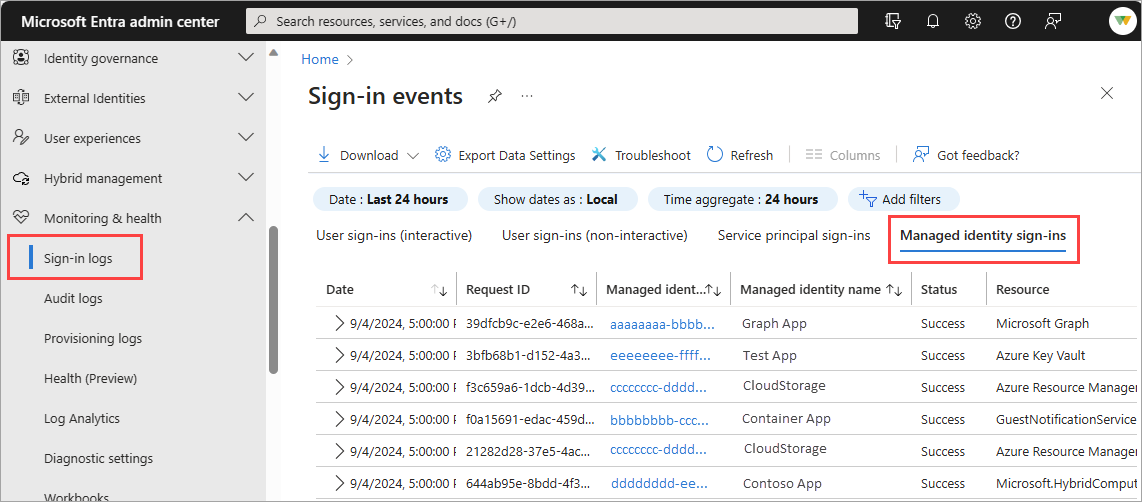 Capture d’écran du journal des connexions d’identité managée.