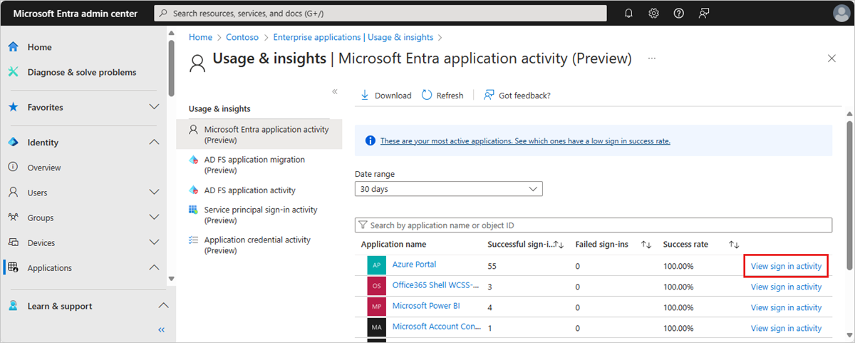 Capture d’écran montrant l’option Utilisation et insights pour l’activité Application, dans laquelle vous pouvez sélectionner une plage et afficher l’activité de connexion pour différentes applications.