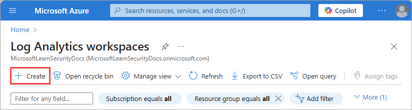 Capture d’écran du bouton Créer de la page des espaces de travail Log Analytics.