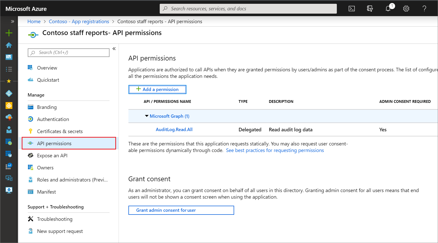 Cette autorisation accorde l’accès à la page Autorisations de l’API d’inscription d’application