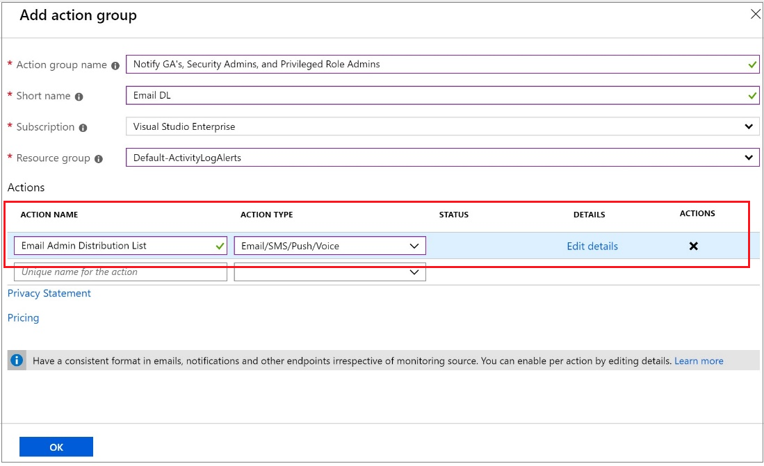 créer un groupe d’actions pour les actions de notification