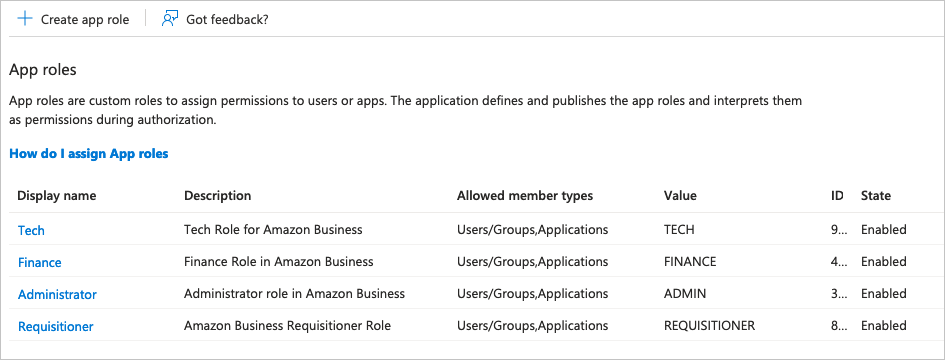 Capture d’écran de la liste des rôles d’application.