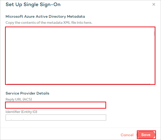 Screenshot shows the Set Up Single Sign-on section with values described in this step.