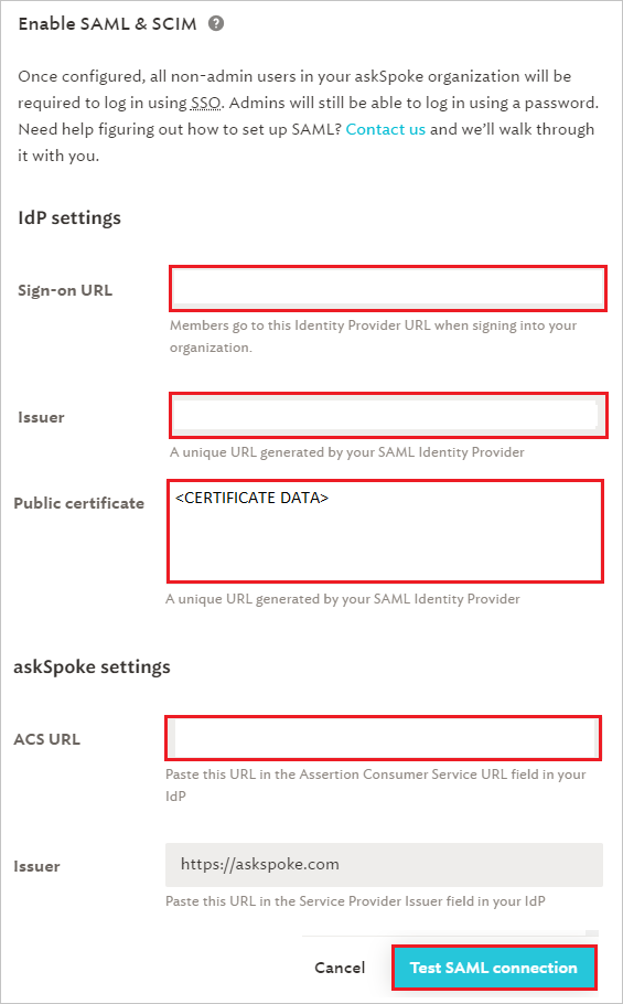 askSpoke Enable SAML & SCIM section