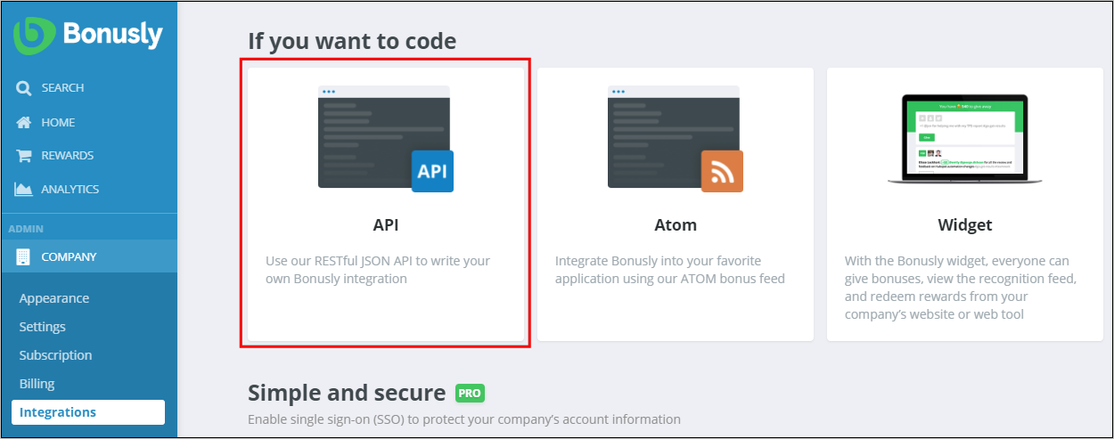 Capture d’écran de la section If you want to code (Si vous souhaitez programmer) du site Bonusly, avec API mis en surbrillance.