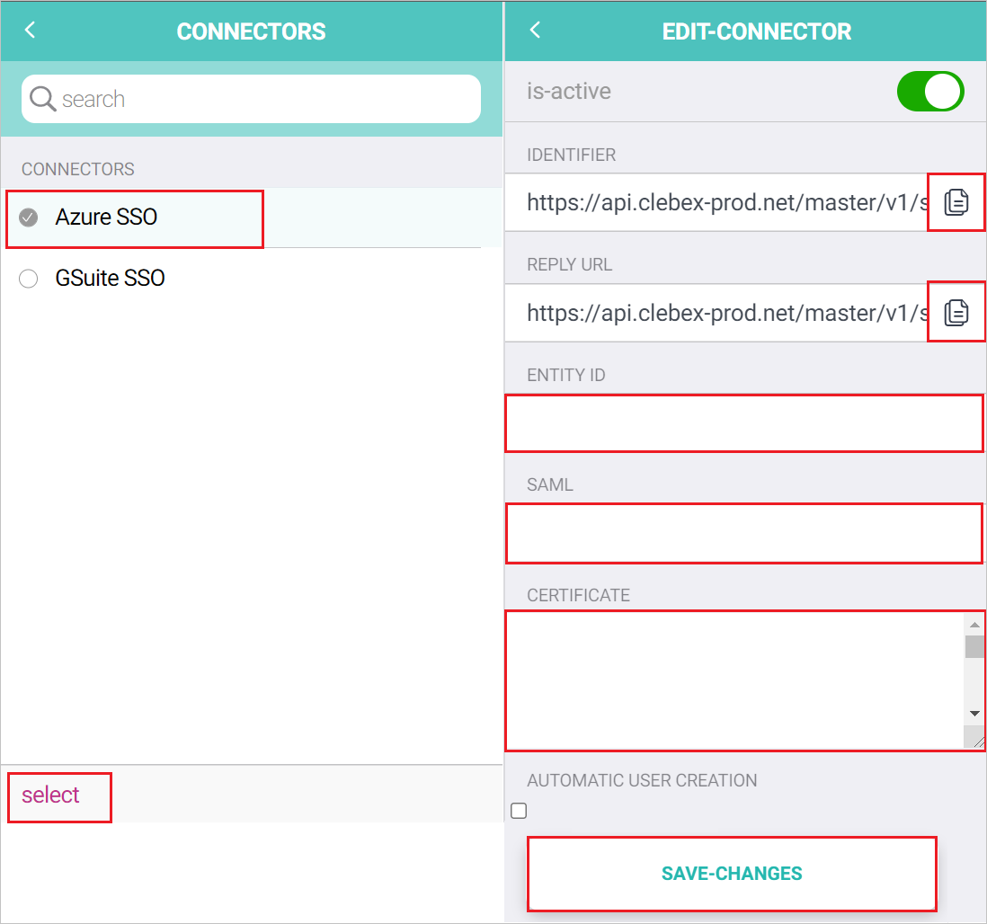 Screenshot to select connectors and configuration.