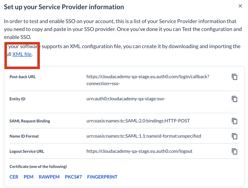 Capture d’écran montrant le téléchargement du fichier de configuration des métadonnées.