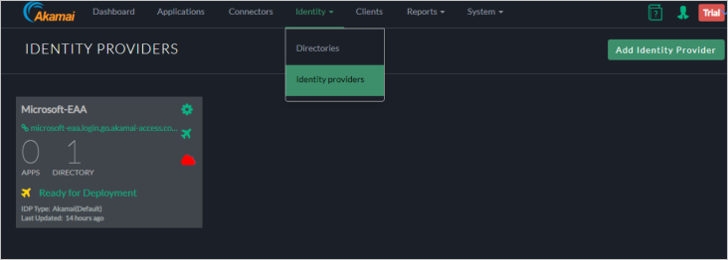 Capture d’écran de la fenêtre Identity Providers (Fournisseurs d’identité) de la console Akamai EAA. Dans la section Identity Providers (Fournisseurs d’identité) du menu Identity (Identité), sélectionnez Add Identity Provider (Ajouter un fournisseur d’identité).