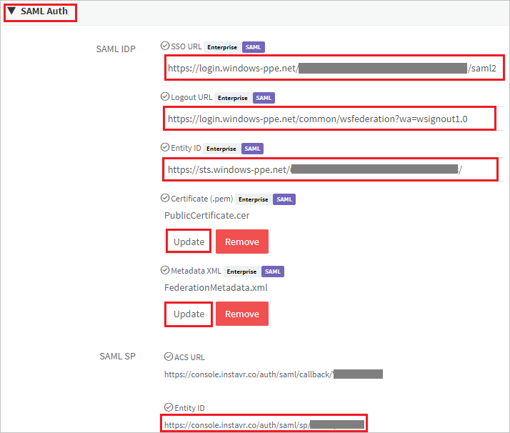 Screenshot shows the SAML Auth page where you can enter the values described in this step.