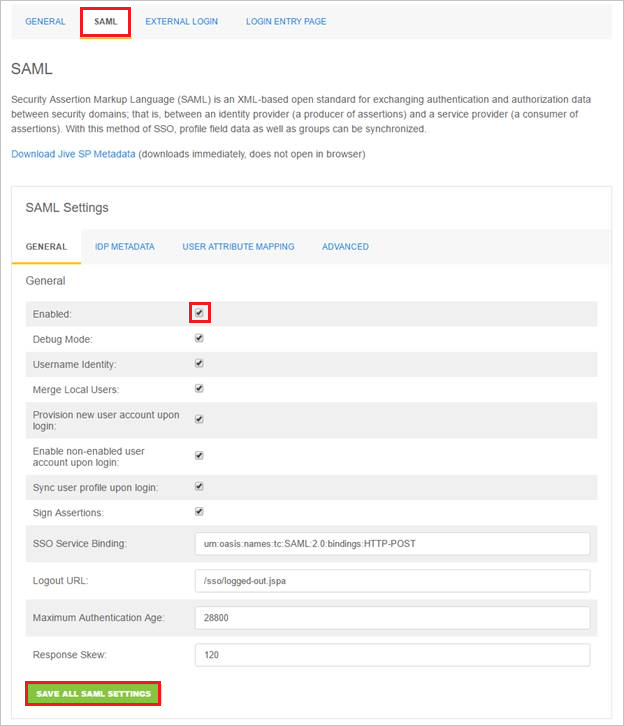 Screenshot shows the SAML tab with Enabled selected.