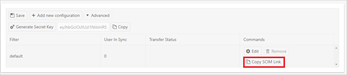 Capture d’écran de l’onglet Configuration de l’approvisionnement d’utilisateurs dans la console d’administration MediusFlow. Le bouton Copier le lien SCIM est mis en évidence.