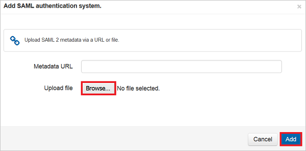 Capture d’écran montrant la boîte de dialogue « Add SAML authentication system. » avec l’action « Browse » et le bouton « Add » sélectionnés.