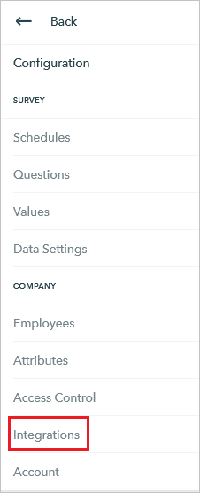 Capture d’écran des options de configuration avec l’option Intégrations en évidence.