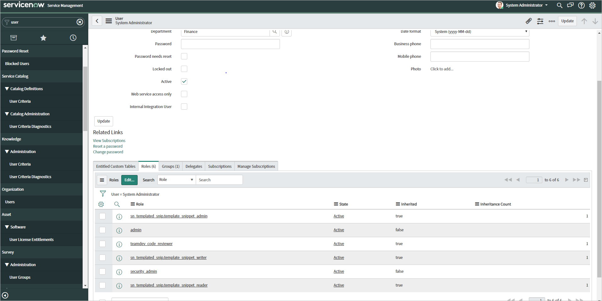 Capture d’écran montrant un rôle d’administrateur ServiceNow.