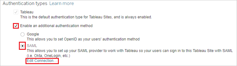 Capture d’écran montrant la section Authentication types où vous pouvez sélectionner les valeurs.