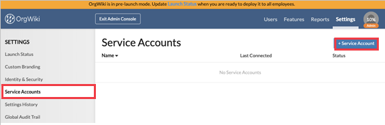 Capture d’écran de la page Comptes de service dans la console d’administration d’OrgWiki.