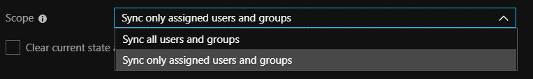 La liste déroulante Scope (Étendue) est présentée, et Sync only assigned users and groups (Synchroniser uniquement les utilisateurs et groupes assignés) est sélectionné. L’autre valeur disponible est Sync all users and groups (Synchroniser tous les utilisateurs et groupes).