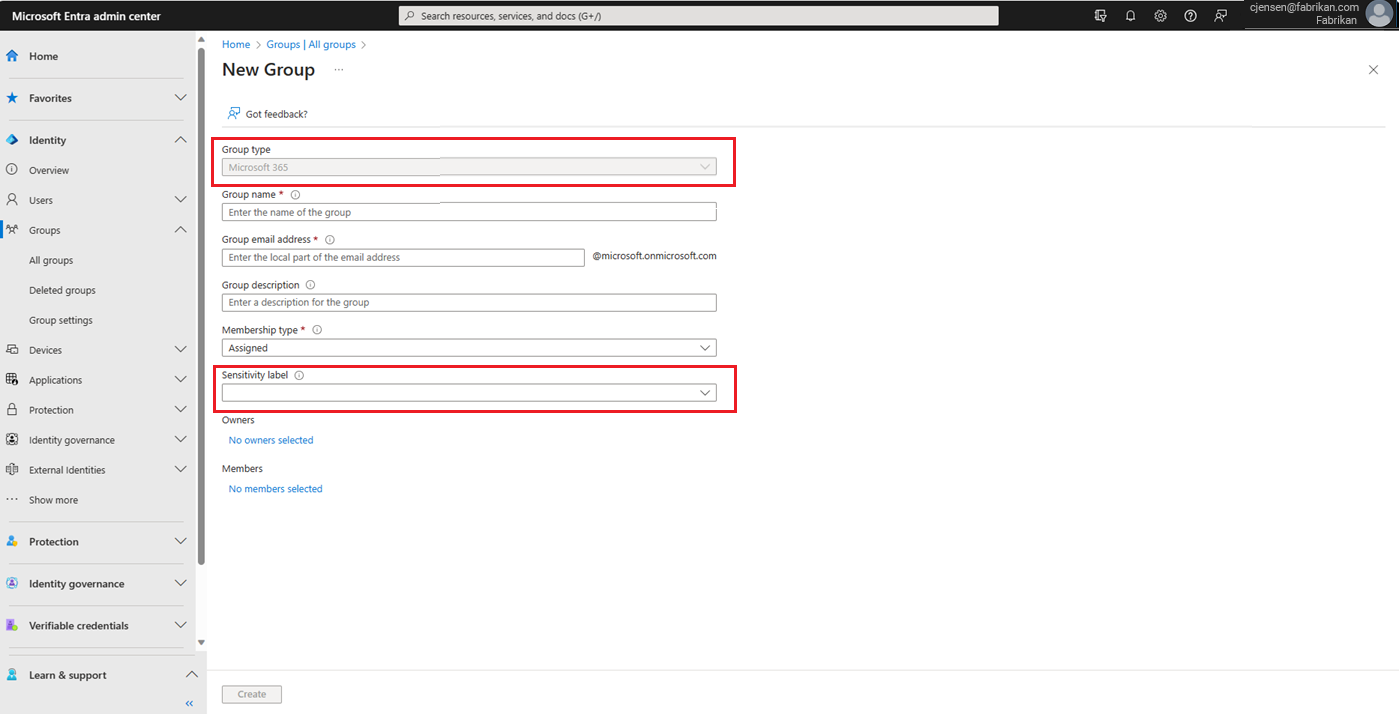 Capture d’écran montrant l’affectation d’une étiquette de confidentialité sur la page Nouveaux groupes.